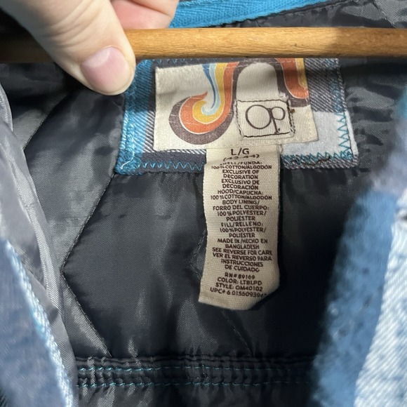 Vintage 90s Y2K OP Shacket Mens L Flannel Plaid Hoodie Quilted Blue Gray Skiwear - Picture 4 of 14